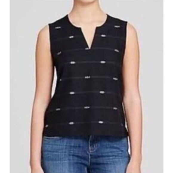 Eileen Fisher Womens Striped Nomadic Split‎ Neck Tank Top Black Size Large - Picture 1 of 9